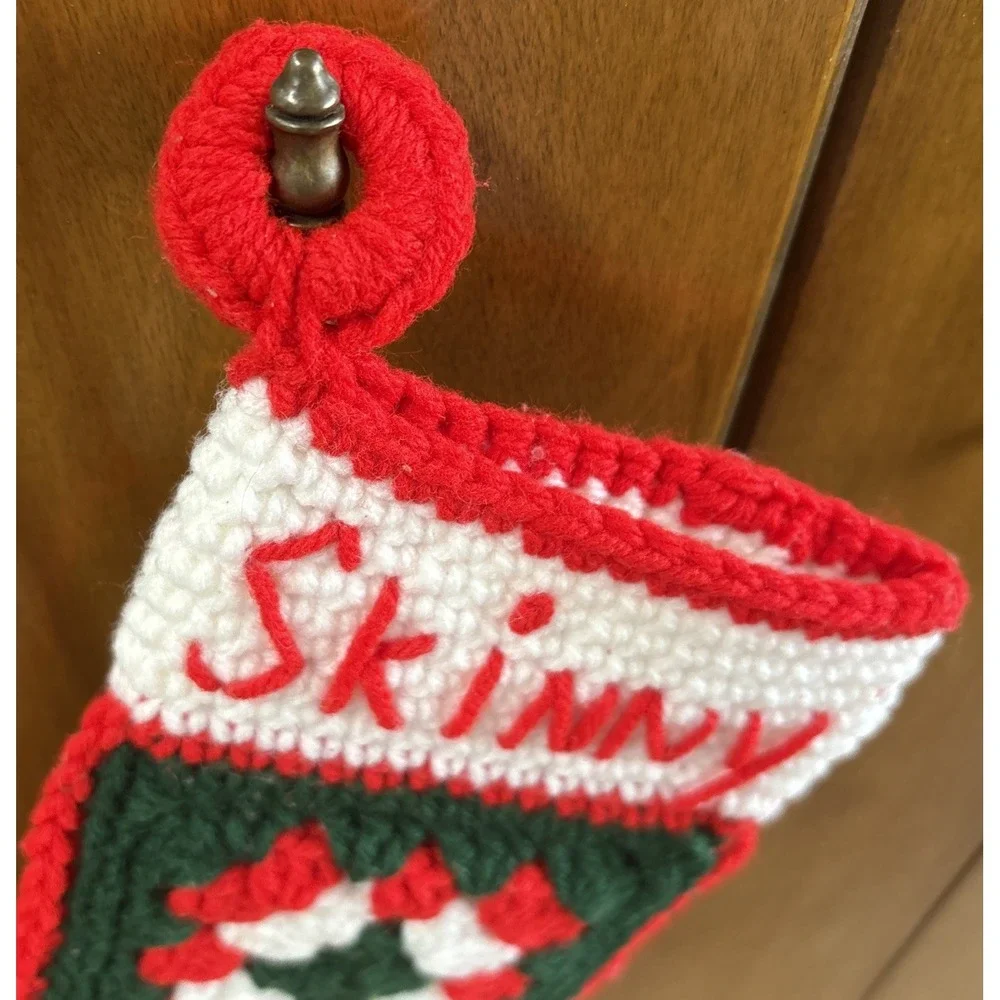 Vintage Hand Crocheted Chunky Knit Granny Squares Christmas Stocking SKINNY